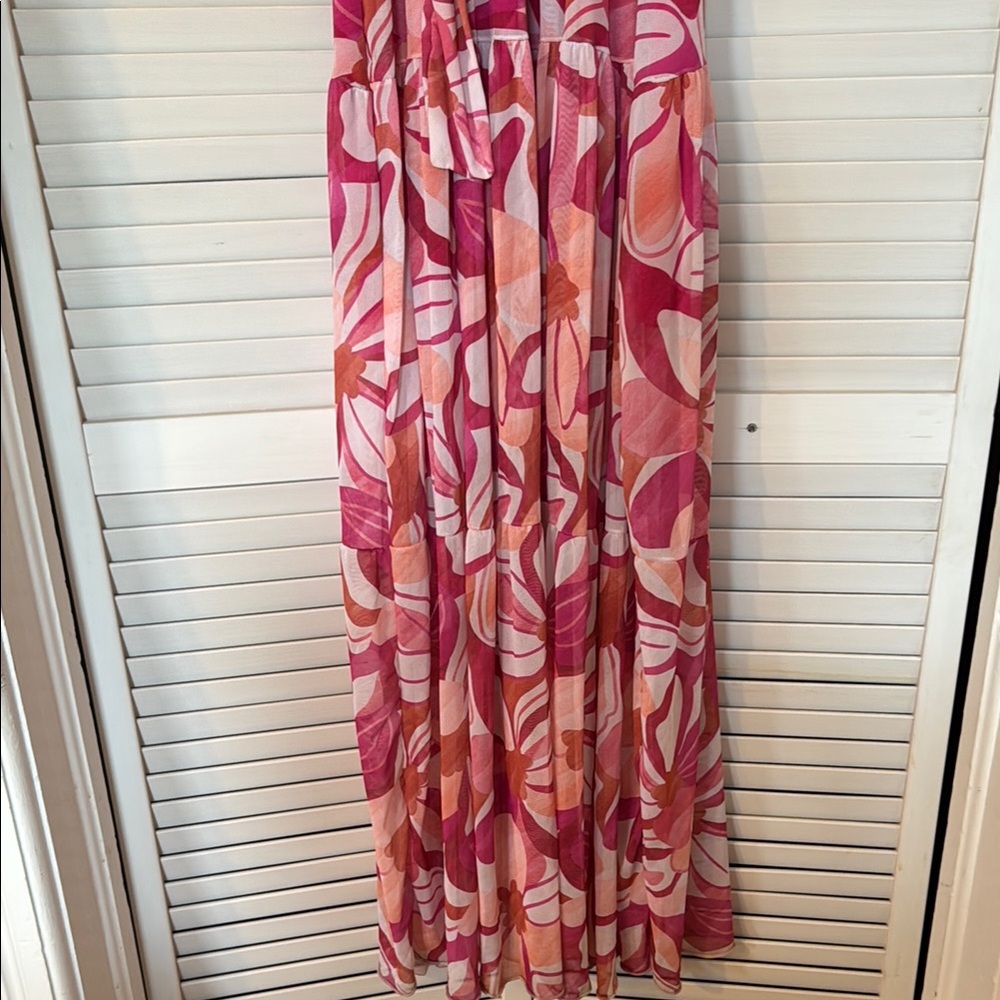 Pink and White Floral Wrap Gown with Bishop Sleeves - Picture 3 of 13